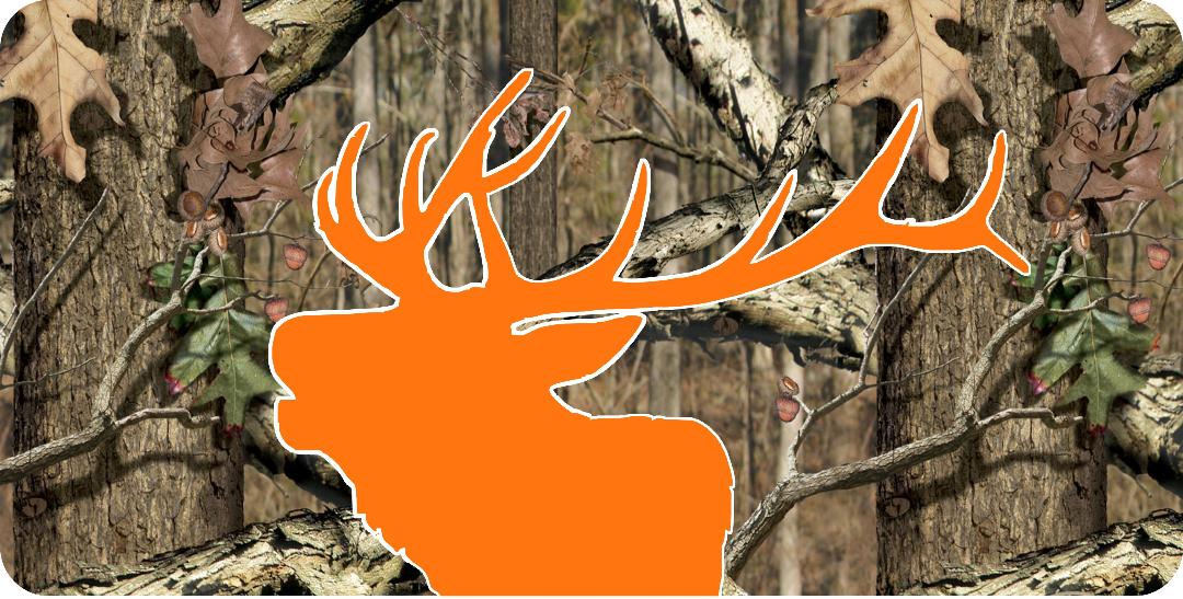 Elk Head Orange Silhouette On Camo Photo License Plate