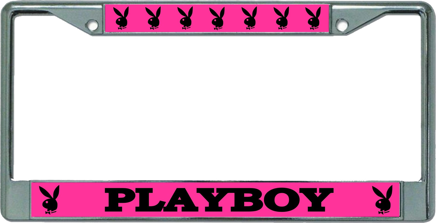 Playboy Pink On Black Chrome License Plate Frame