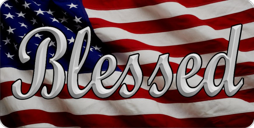 Blessed On Wavy American Flag Photo License Plate