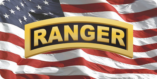 Army Ranger On Wavy U.S. Flag Photo License Plate