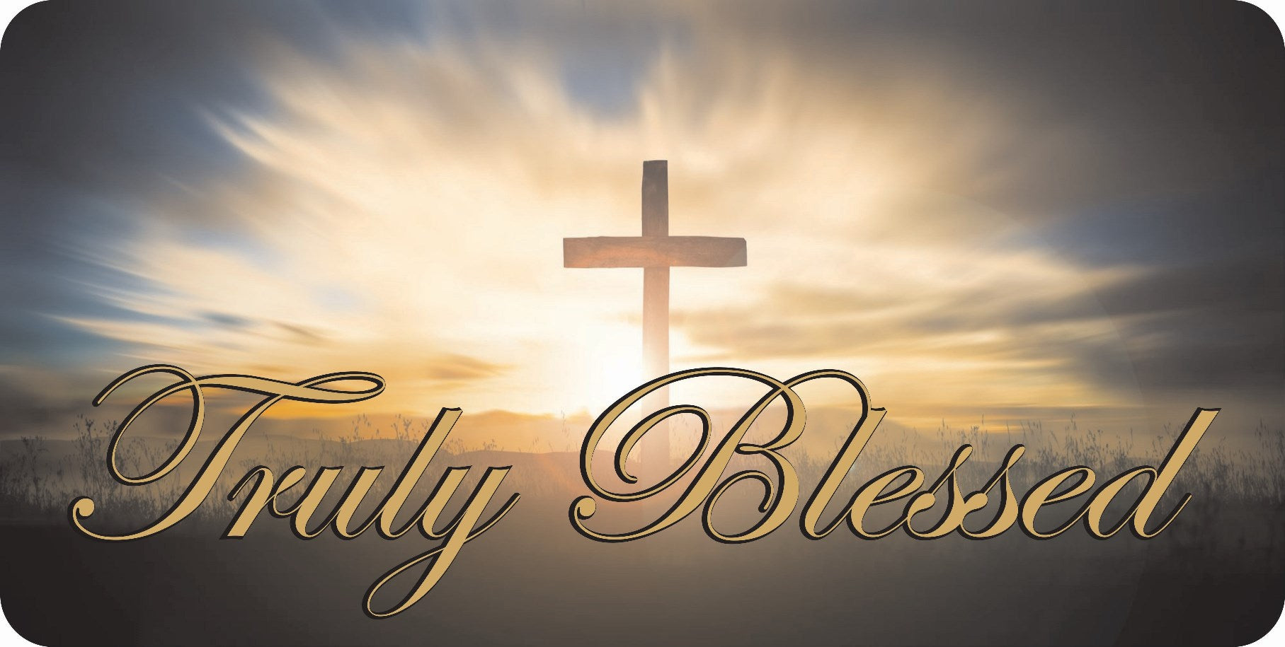 Truly Blessed Sunset Cross Photo License Plate