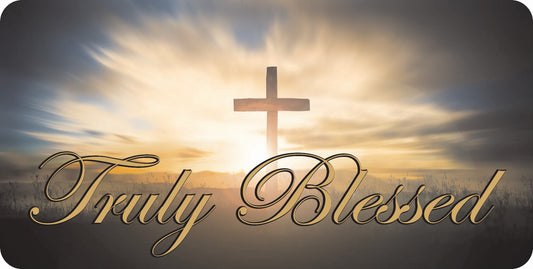 Truly Blessed Sunset Cross Photo License Plate