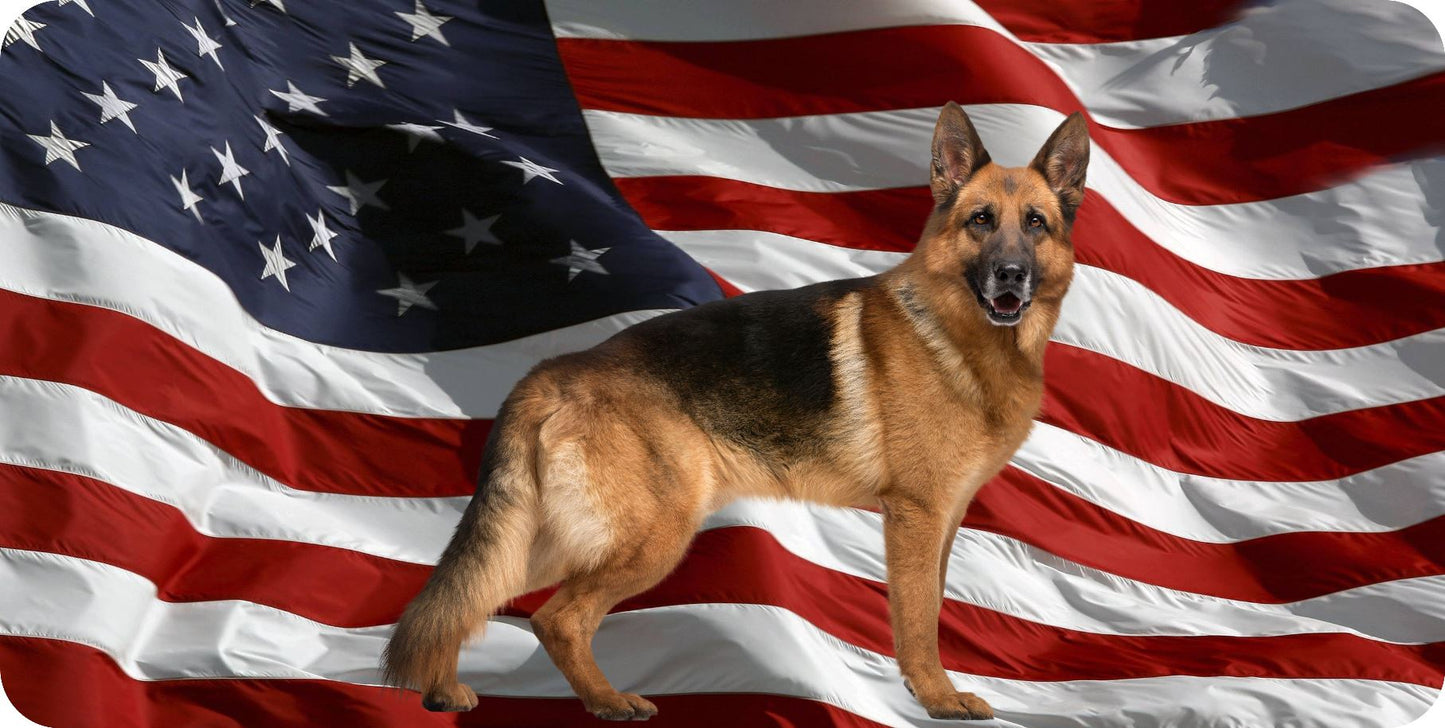 German Shepherd On Wavy Flag Photo License Plate