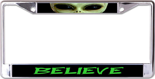 Believe Alien Chrome License Plate Frame