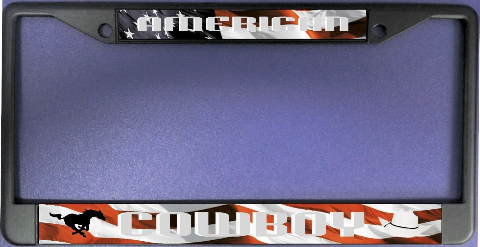 American Cowboy On Wavy U.S. Flag Black License Plate Frame