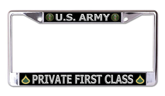 U.S. Army Private First Class Silver Letters Chrome Frame