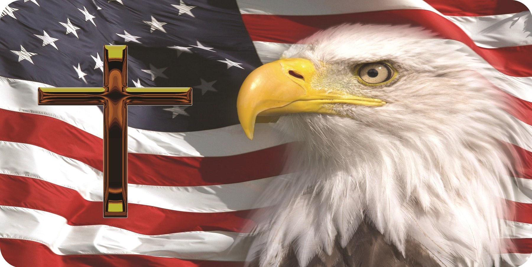 Eagle With Cross On U.S. Flag Photo License Plate