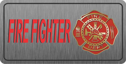 Fire Fighter Brushed Aluminum Photo License Plate