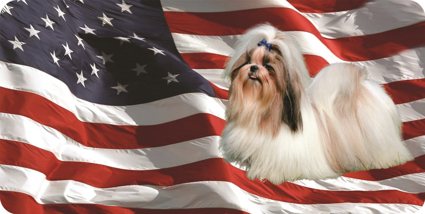 Shih Tzu On U.S. Flag Photo License Plate