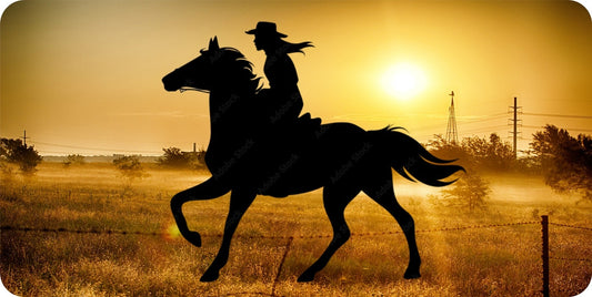 Cowgirl At Sunset Photo License Plate