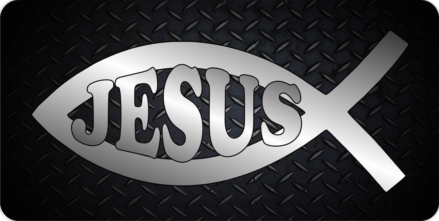 Jesus Fish Chrome On Black Diamond Plate Photo License Plate