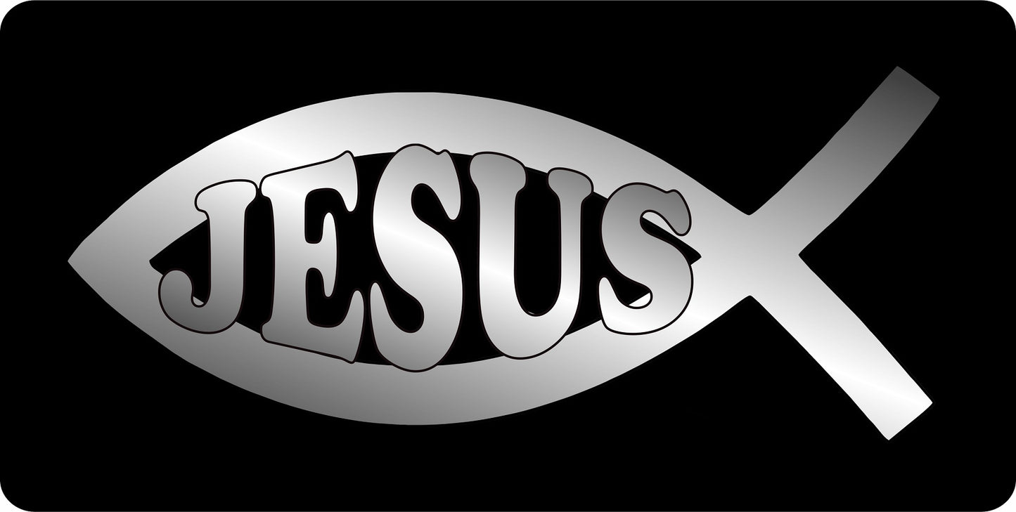 Jesus Fish Chrome On Black Photo License Plate