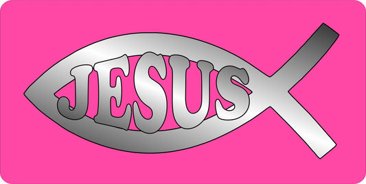 Jesus Fish Chrome On Pink Photo License Plate