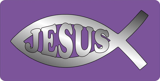 Jesus Fish Chrome On Purple Photo License Plate