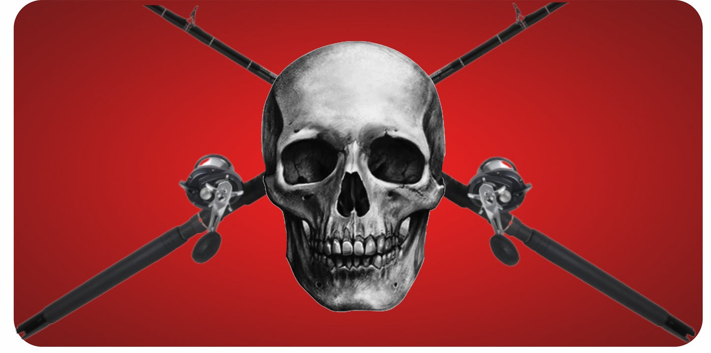 Skull And Fishing Poles On Red Photo License Plate