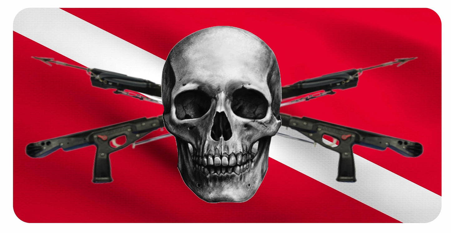 Spear Gun With Skull On Diver Flag Photo License Plate