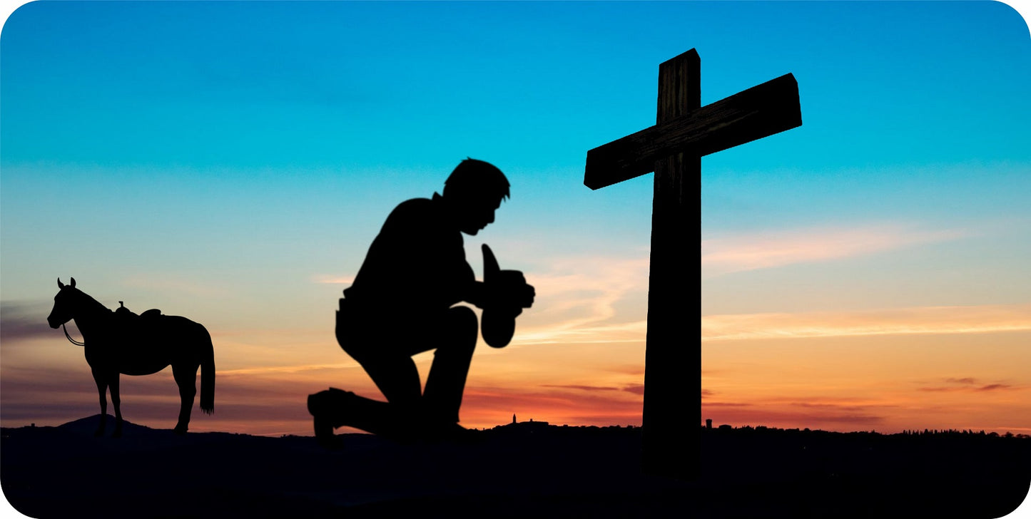 Praying Cowboy At Cross Photo License Plate