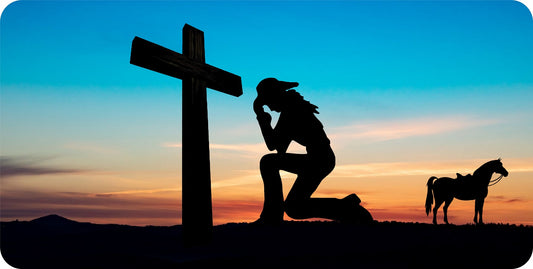 Praying Cowgirl At Cross Photo License Plate