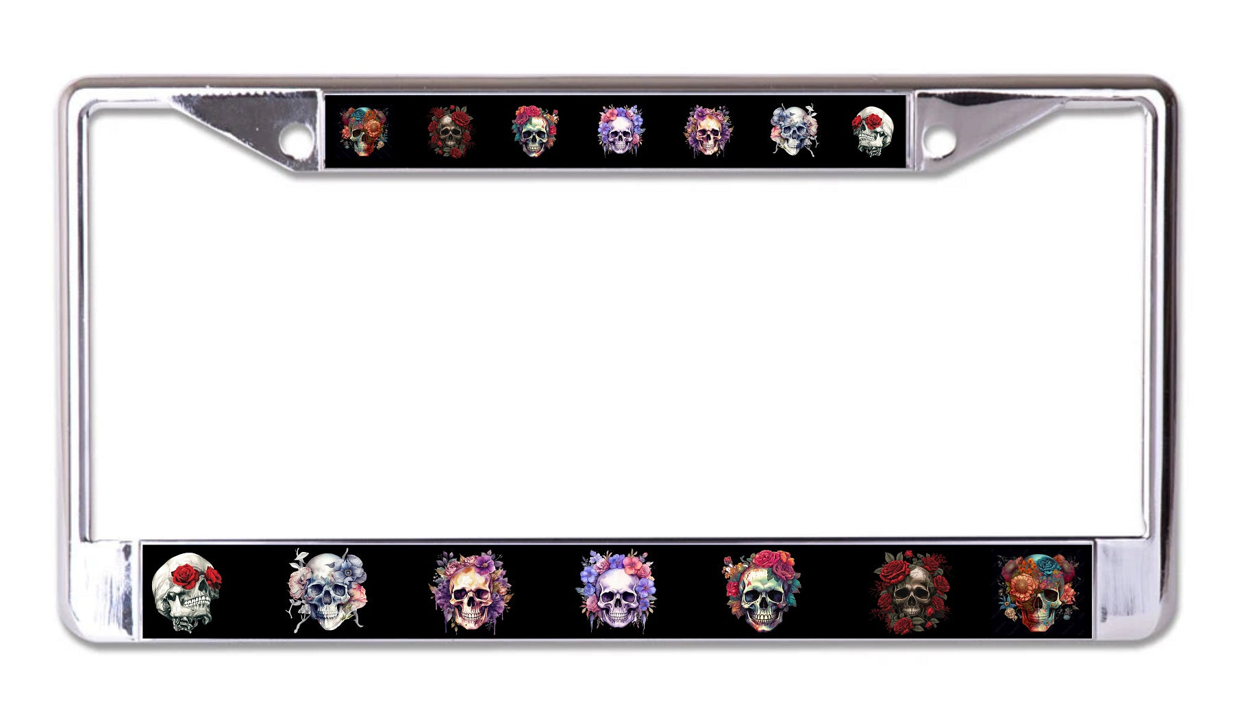 Skulls And Flowers Chrome License Plate Frame