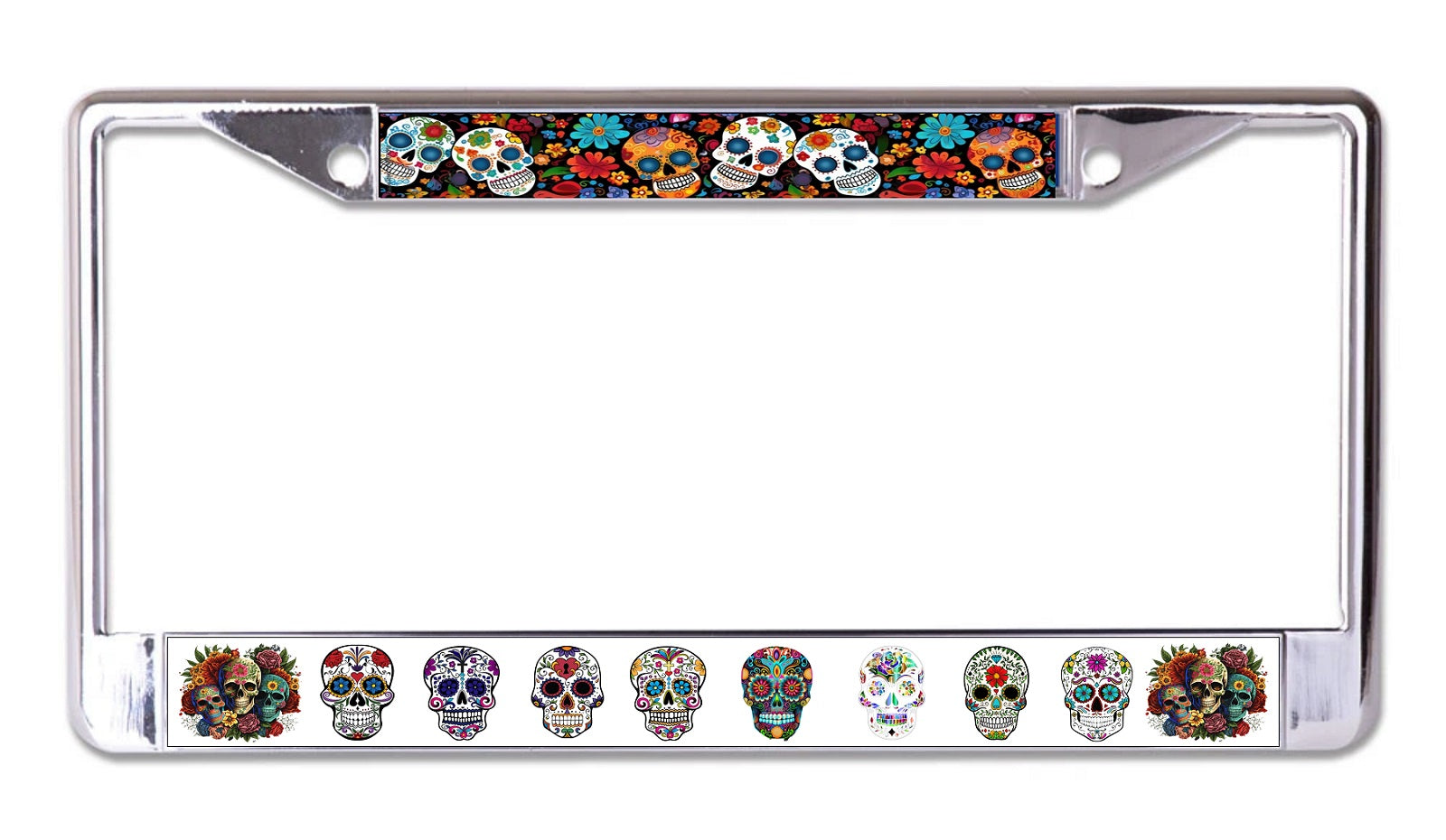 Sugar Skulls Chrome License Plate Frame