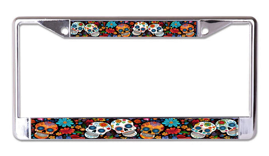 Sugar Skulls #2 Chrome License Plate Frame