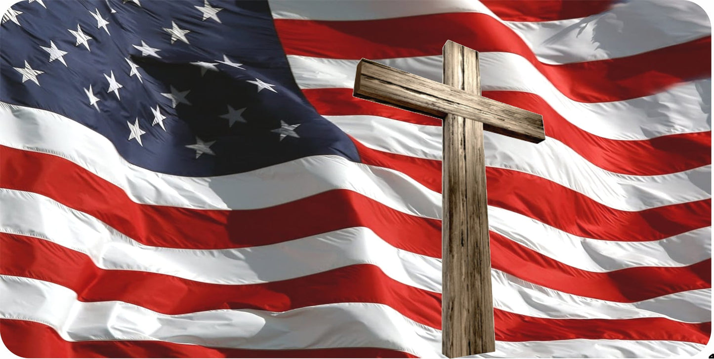 Wooden Cross On U.S. Flag Metal License Plate