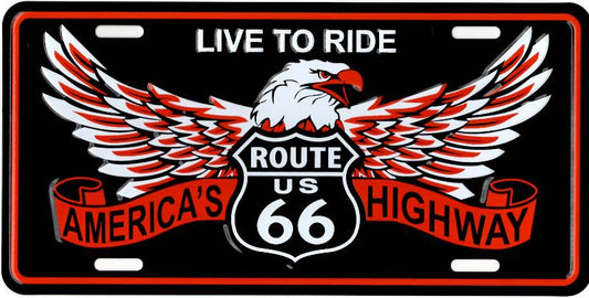 Route 66 Live To Ride Eagle Metal License Plate