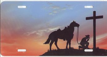 Cowboy Kneeling Praying Airbrush License Plate