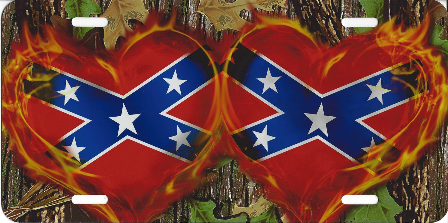 Confederate Rebel Hearts With Flames On Camo License Plate